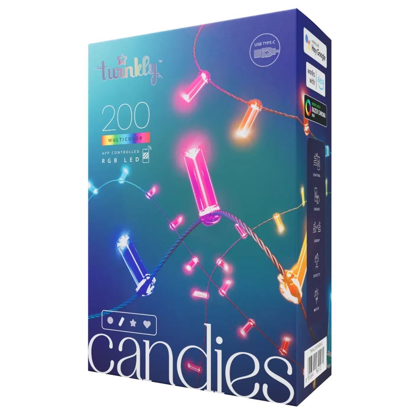 Lampki łańcuchowe - świeczki, Twinkly Strings USB - 200 Candle-shaped RGB LEDs, Green Wire, USB-C