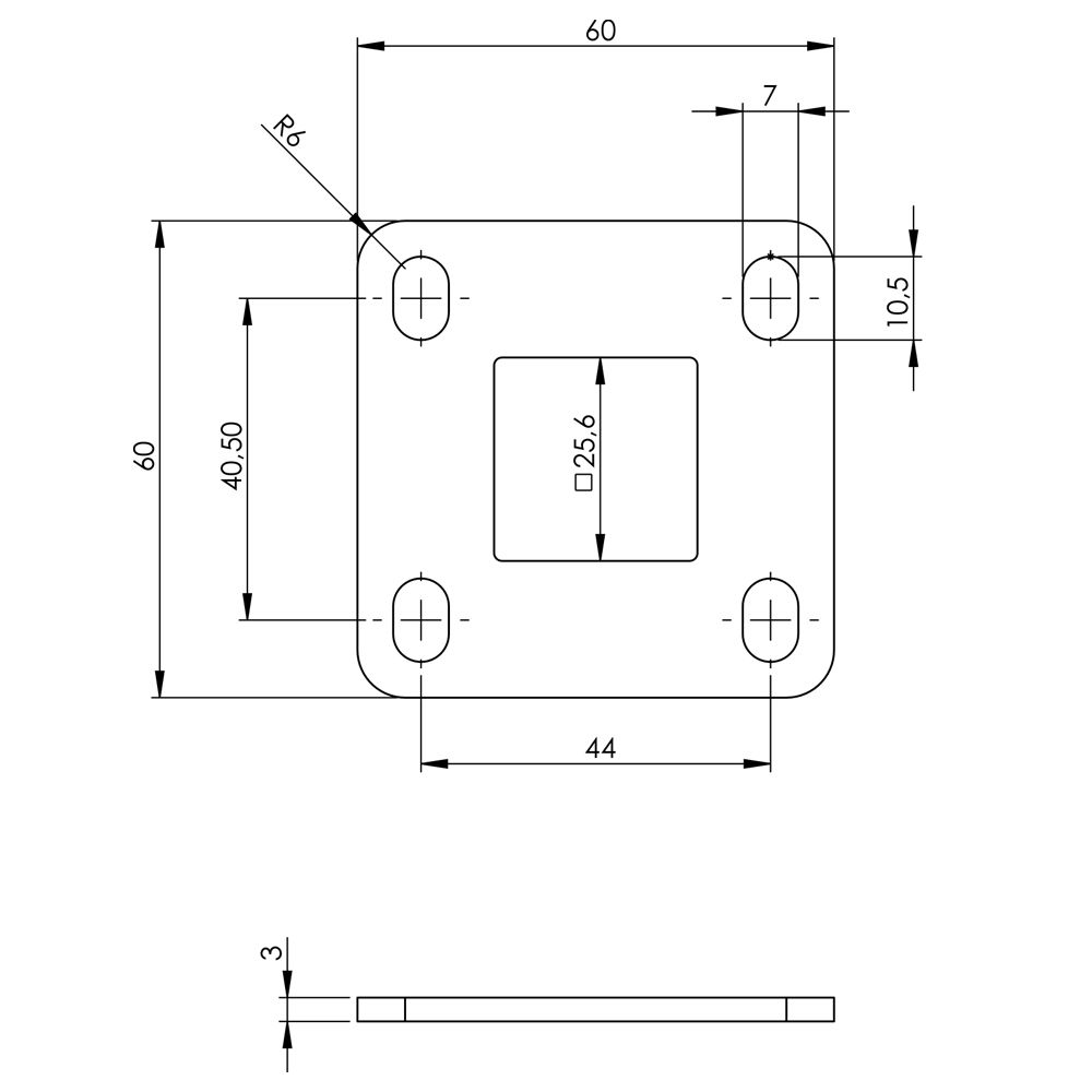 Płytka montażowa do słupka ze stali czarnej 60x60 mm – otwór 25 mm