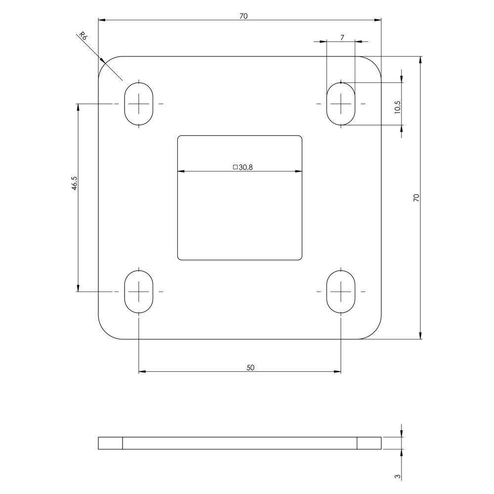 Płytka montażowa do słupka ze stali czarnej 70x70 mm – otwór 30 mm