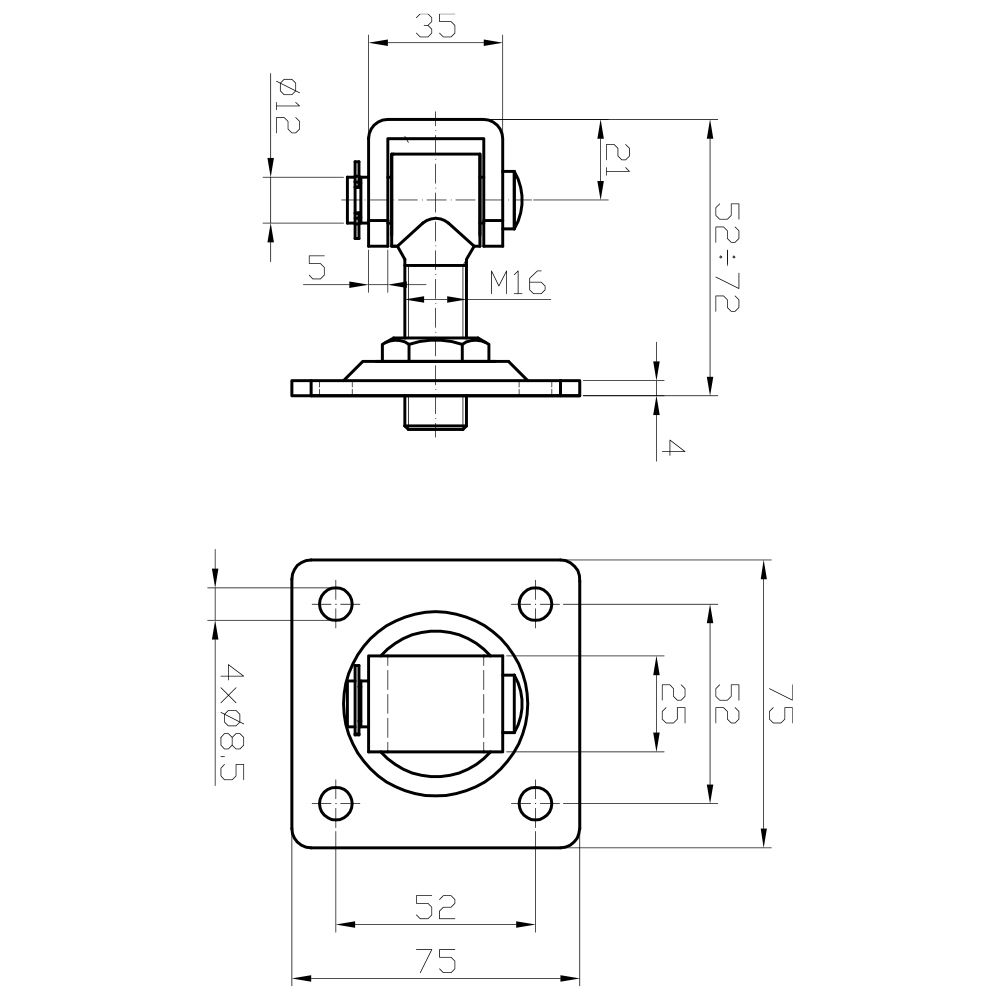 Zawias regulowany M16 z szyldem prostokątnym 75x75x4 mm