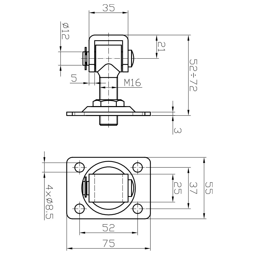Zawias regulowany M16 z szyldem prostokątnym 75x55x3 mm