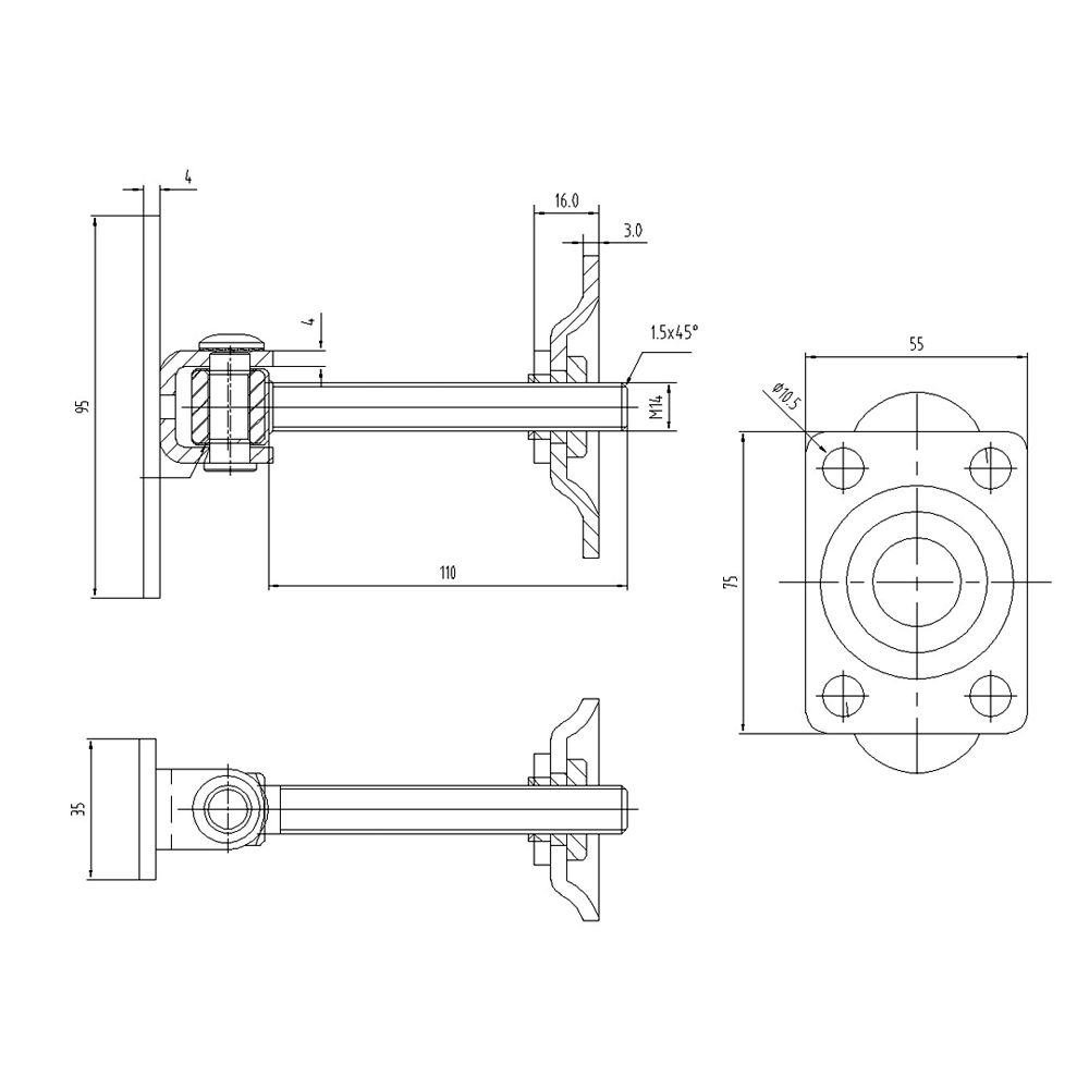 Zawias regulowany M14 z szyldem 115x40 mm i platerem 75x55x3