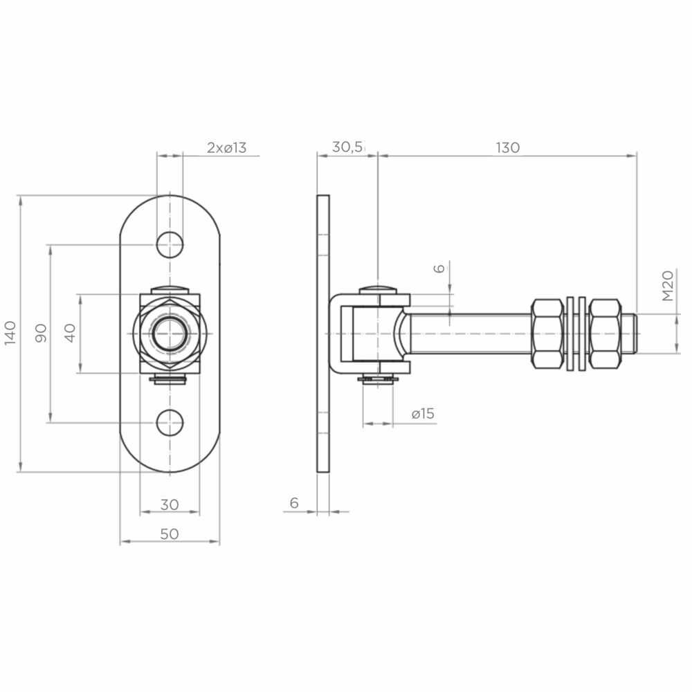 Zawias regulowany M20 z szyldem 140x50 mm