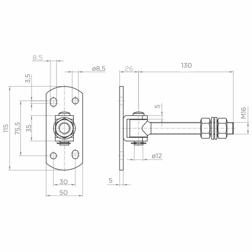 Zawias regulowany M16 z szyldem 115x50 mm