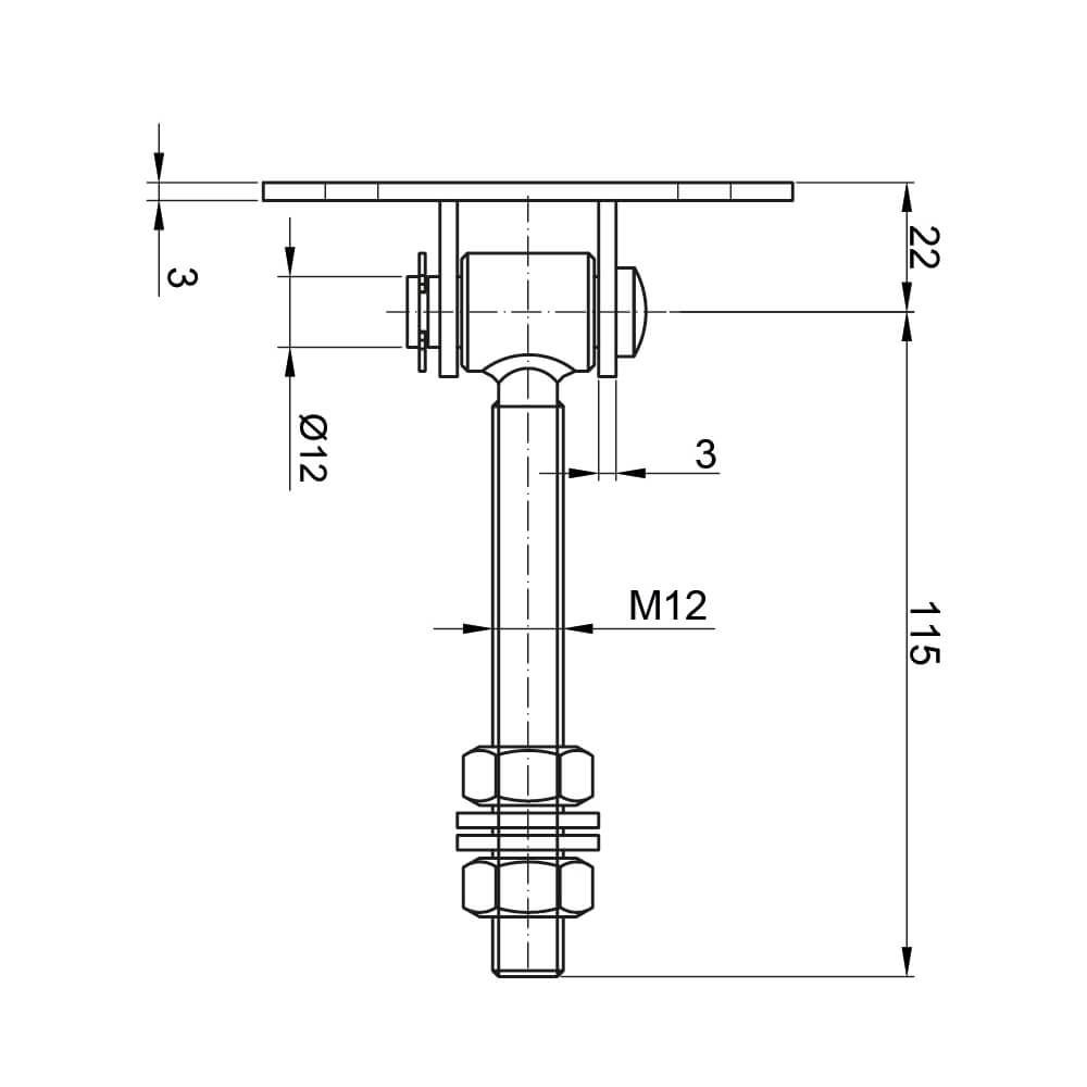 Zawias regulowany M12 L-115, podstawa 90x30x3 mm