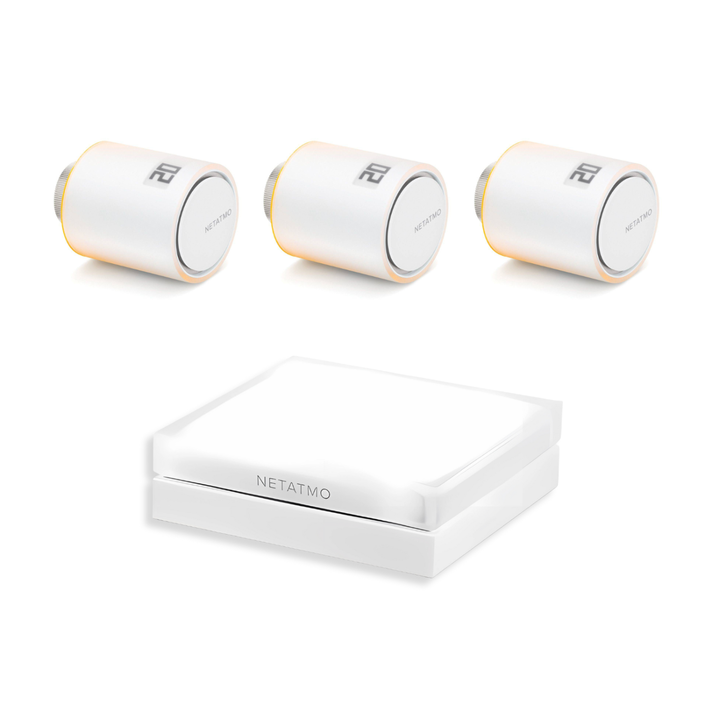 Pakiet Starter Pack: 2 inteligentne głowice termostatyczne Netatmo NVP + przekaźnik + 1 głowica termostatyczna Netatmo NAV Pakiet Starter Pack: 2 inteligentne głowice termostatyczne Netatmo NVP + przekaźnik + 1 głowica termostatyczna Netatmo NAV