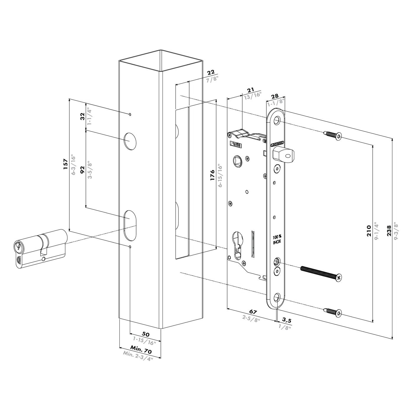 Uniwersalny zamek wpuszczany Seventylock-A Locinox - z odsadzeniem klamki 50 mm i ryglem regulowanym w zakresie 10 mm