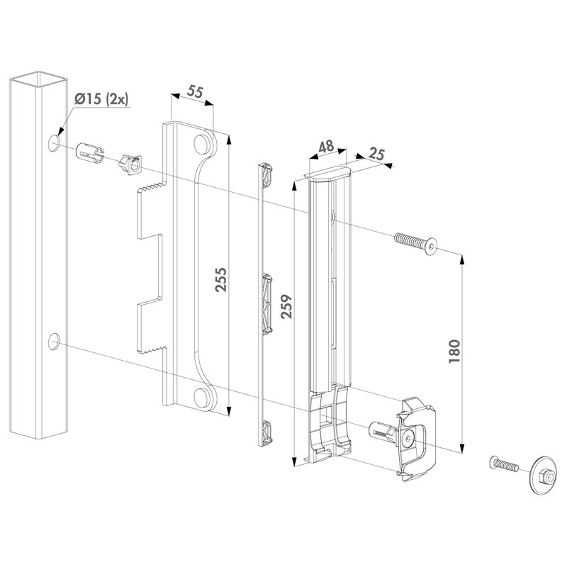 Nierdzewny zaczep wpuszczany pod zamek Fortylock Locinox do furtek - regulacja 40x60 mm