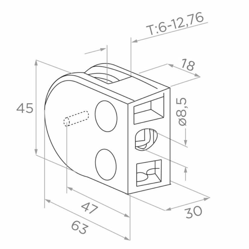 Uchwyt do szkła zaokrąglony 63x45x30 mm ze wspornikiem, płaski stal nierdzewna, satyna