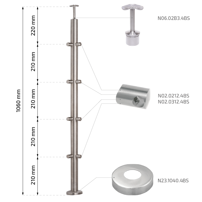 Słupek balustradowy narożny ze stali nierdzewnej &ndash; fi 42,4/ H1060/ 1102, 4 mm/ 2x4 uchwyty, szlifowany