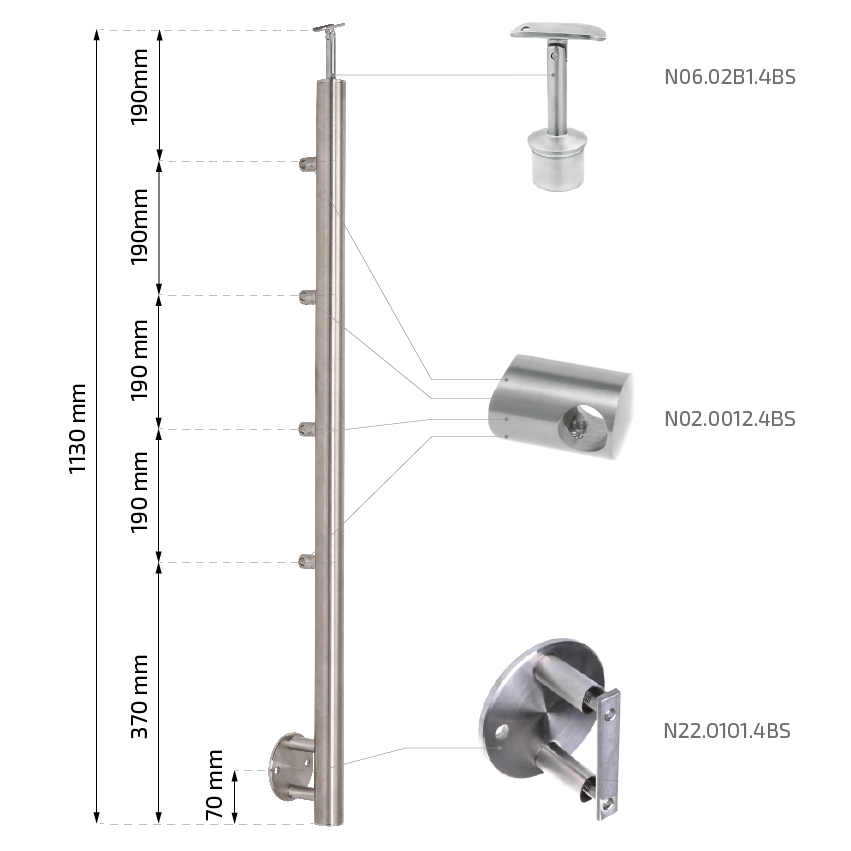 Słupek balustradowy przelotowy ze stali nierdzewnej Fi42,4/H1130mm, 4 uchwyty, szlifowany