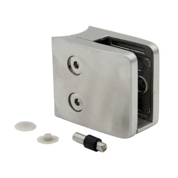 Uchwyt do szkła prostokątny 52x52x32 mm ze wspornikiem, pin zabezpieczający, mocowany do słupka fi 42,4 mm, satyna