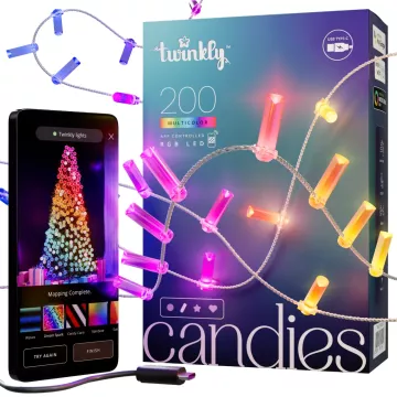 Lampki łańcuchowe - świeczki Twinkly Strings USB - 200 Candle-shaped RGB LEDs, Clear Wire, USB-C